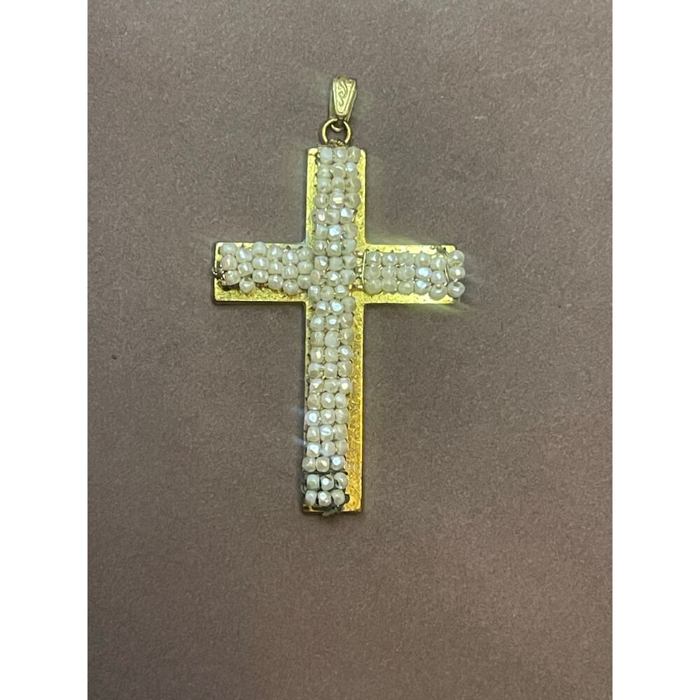 Miriam Haskell Beaded Cross Pendant Seed Bead Gilt Signed Vintage